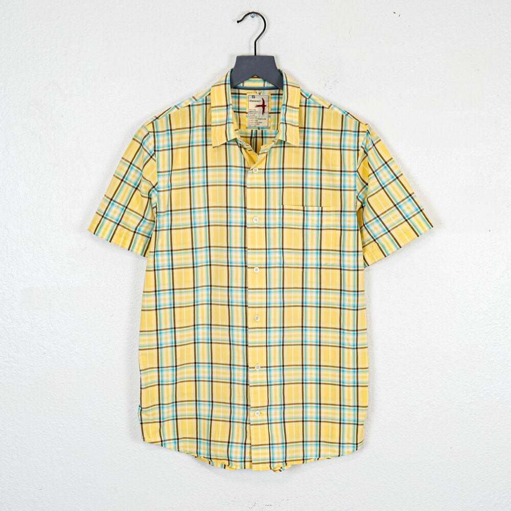 RELWEN Men's Short Sleeve Button up Shirt Yellow Plaid cotton sz Small